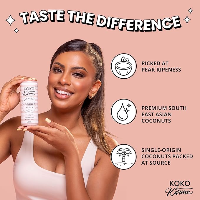 Koko &amp Karma – Prebiotic Coconut Water with Lychee – All Natural with No Added Sugars Pure Coconut Water &amp Lychee Juice – 12 Pack - 16.9 Ounce Cans