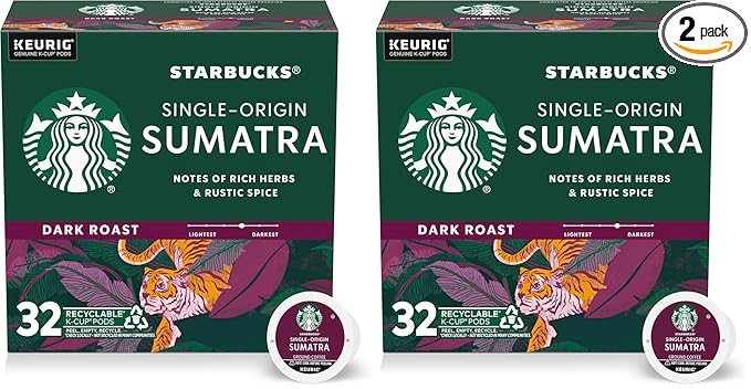Starbucks K-Cup Coffee Pods Dark Roast Coffee Sumatra 100% Arabica 1 box (32 pods) (Pack of 2)