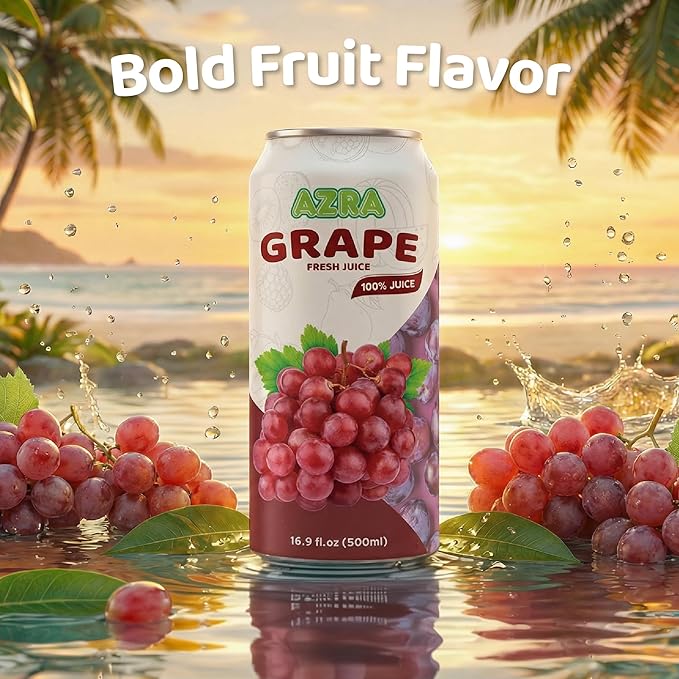 AZRA 100% Grape Juice – Fresh Red Grape Juice in 500ml Cans – Zero Sugar Juice Fruit Juice Variety Pack for Kids and Adults – Healthy Drinks Bulk 100% Juice 12 Pack