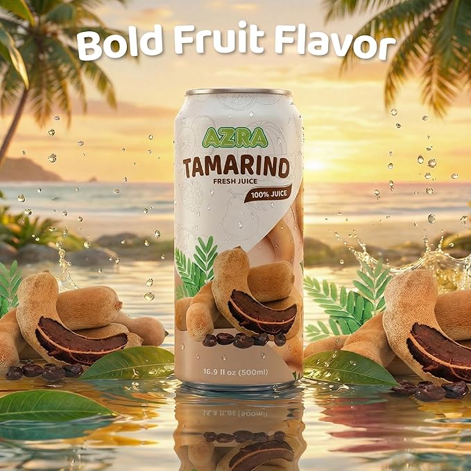 AZRA 100% Tamarind Juice – 500ml Cans Fresh Fruit Juice Variety Pack – Sugar Free Drinks made with Sweet Tamarind from Vietnam – Zero Sugar Juice Healthy Drinks for Kids and Adults – 12 Pack