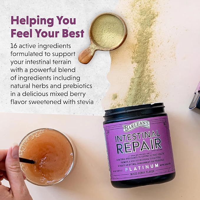 Barlean's Gut Health Powder Intestinal Repair Fiber and Digestive Support Blend for Men and Women Mixed Berry Drink Mix 6.35 oz