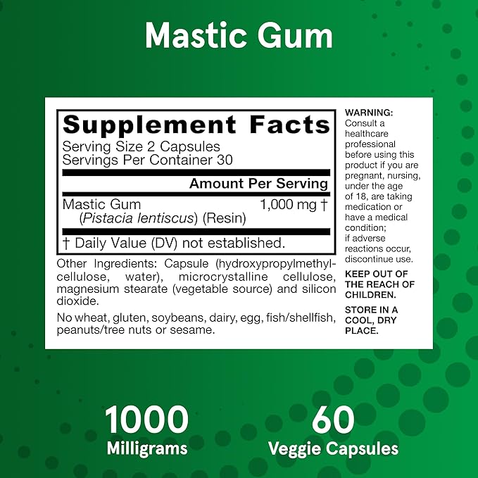 Jarrow Formulas Mastic Gum 1000 mg - 60 Veggie Caps - Mastic Gum Capsules Supporting Stomach and Duodenal Health - 30 Servings