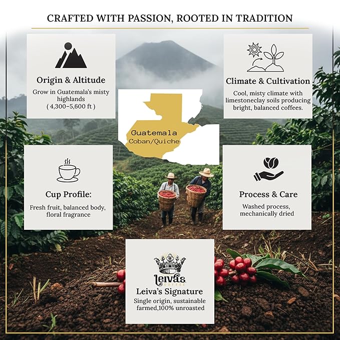 Leiva’s Unroasted Green Coffee Beans (1kg) – Coban/Quiche Single Origin Coffee w/Floral &amp Fresh Fruit Notes – Washed Shade Grown Organic Guatemala Beans – Balanced Whole Bean Unroasted Blend