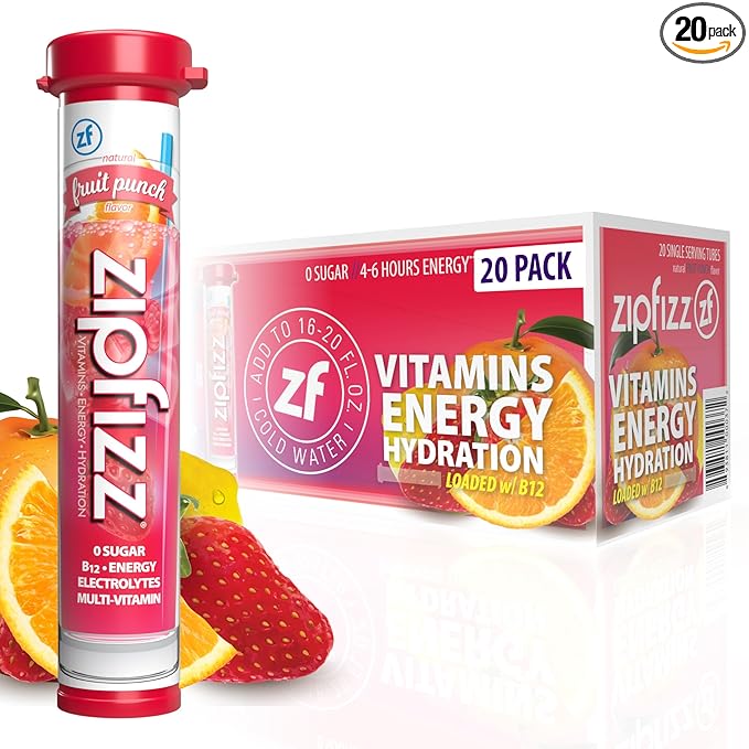Zipfizz Daily Energy Drink Powder Fruit Punch 20 Pack 3-in-1 Sustained Energy Rapid Hydration and Essential Vitamins Sugar-Free Electrolyte Powder Contains Vitamin B-12 &amp Antioxidants