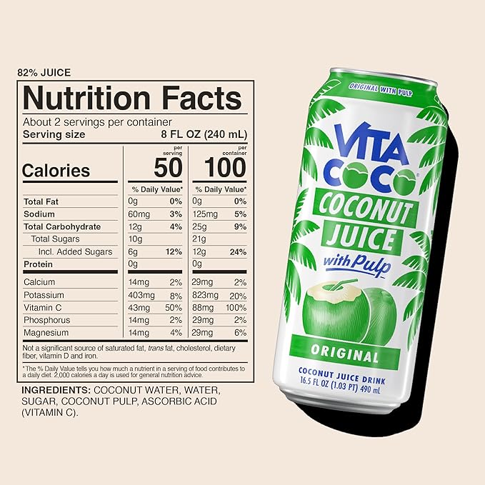 Vita Coco Coconut Juice Original with Pulp | Big Bold Coconut Taste | Natural Electrolytes | Sweet Refreshing Hydration | 16.9 oz can (Pack of 12)