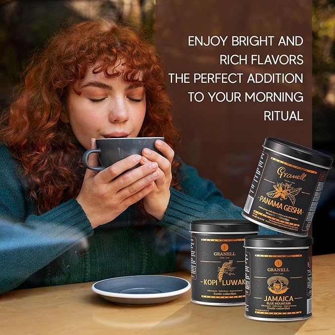 Cafés Granell Kopi Luwak Jamaica Blue Mountain &amp Panama Geisha Coffee 3 Pack Gift Set | Exotic Collection Fresh Whole Beans Quality Controlled 100% Arabica Coffee-Premium Medium Roast 3.53oz ea.