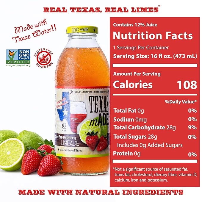 Texas mADE Poteet Strawberry Limeade Limeade Made with Pure Cane Sugar and Strawberry Flavor No Preservatives Texas Crafted Limeade 16 fl oz Pack of 12