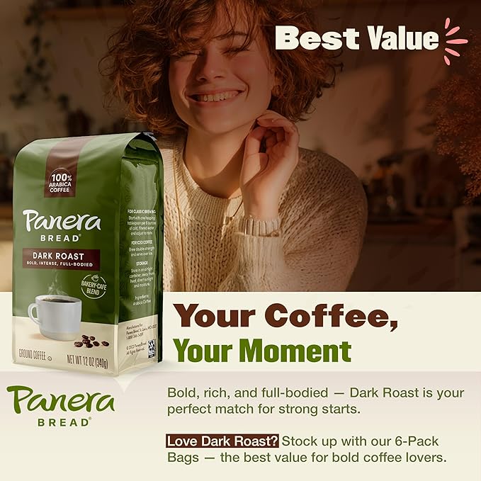 Panera Dark Roast Ground Coffee - Bold Breakfast Brew with Dark Chocolate Finish - 100% Arabica Beans Sustainably Sourced - Kosher Dairy-Free - Cafe Quality for Home Brewing 12oz Bag Pack of 6 (72o