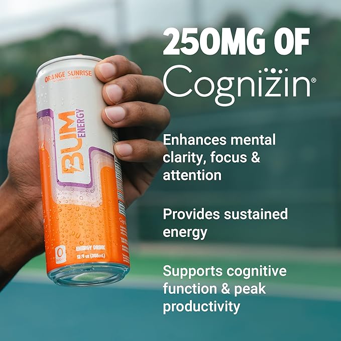 BUM Sugar-Free Energy Drink Orange Sunrise - Lightly Carbonated &amp No Artificial Colors Natural Caffeine &amp Citicoline for Energy &amp Focus Brain Boost &amp Workout Sports Beverage - 12 oz