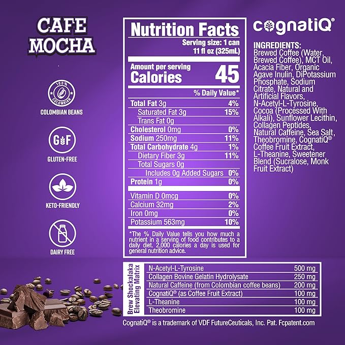 Brew Shockalaka Cafe Mocha Coffee RTD 12-Pack - Nootropic Enhanced Zero Sugar Natural Caffeine + CognatiQ Coffee Evolved (11 FL OZ) (3 Flavor Variety Pack)