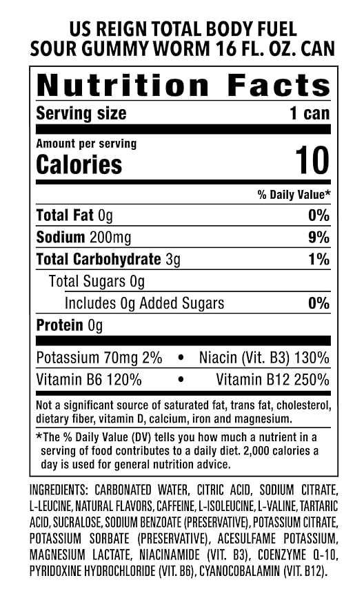 Reign Total Body Fuel Sour Gummy Worm Fitness &amp Performance Drink 16 Fl Oz (Pack of 12)