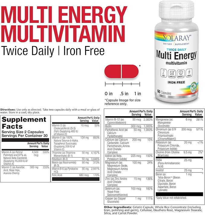 SOLARAY Twice Daily Multi Energy Multivitamin Iron Free | Complete Multi for Immune &amp Energy Support | Non-GMO | 120ct (30 Serv 60 CT)