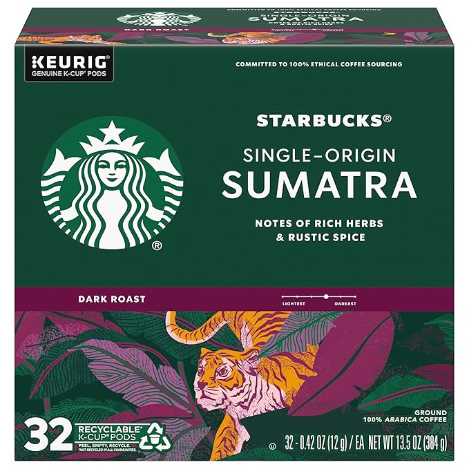 Starbucks Coffee K-Cup Pods Sumatra Single-Origin Coffee Dark Roast Ground Coffee Keurig Genuine K-Cup Pods 32 Count (Pack of 4)
