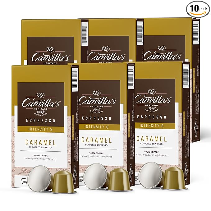 Camilla’s Heritage - Intensity 8 Caramel Flavored Espresso Coffee Gourmet Espresso Cups 60 Coffee Pods