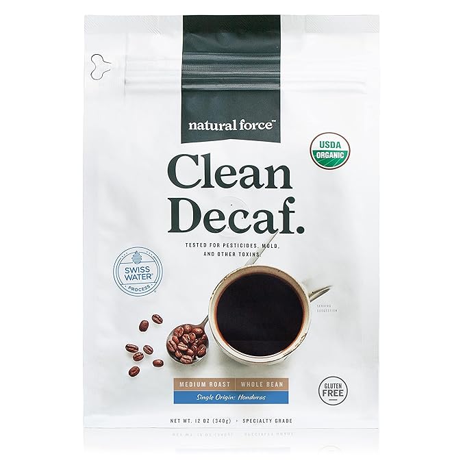 Natural Force - Organic Clean Decaf Coffee Mold &amp Mycotoxin Free Lab Tested for Toxins &amp Purity Low Acidity Whole Bean Swiss Water Decaf Medium Roast 12 oz