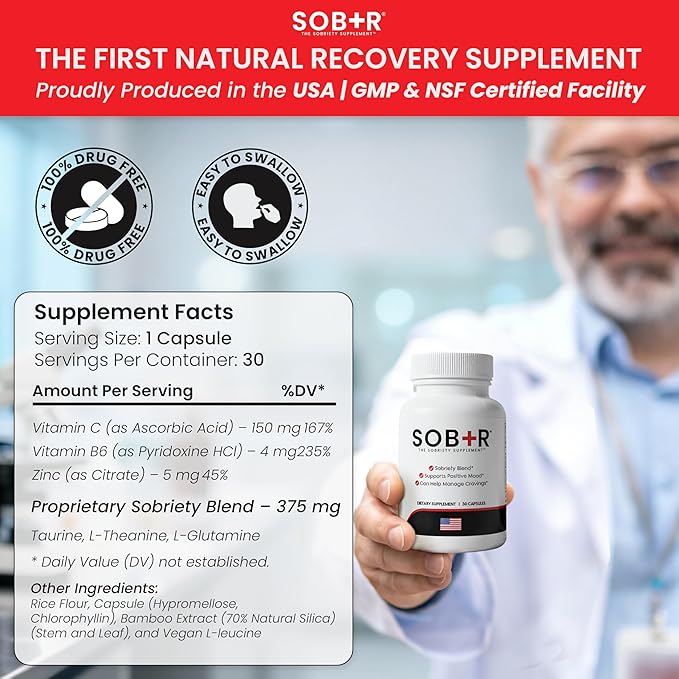 SOB+R Natural Drug Recovery Supplement | Alcohol Craving Blocker for Addiction Support | Restores Nutrients Boost Mental Clarity | Vegetarian Capsules - Therapist Formulated Made in USA | 30 Count