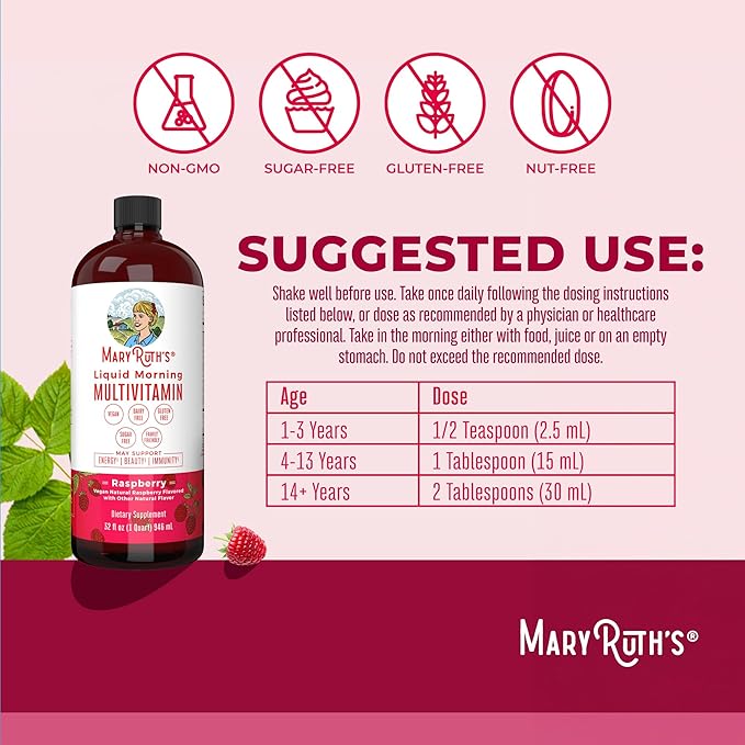MARYRUTH'S Liquid Morning Multivitamin for Women Men &amp Kids | Vitamin A C D E B6 B12 Biotin Zinc | Beauty | Vegan | Non-GMO | Gluten Free | 32 Servings