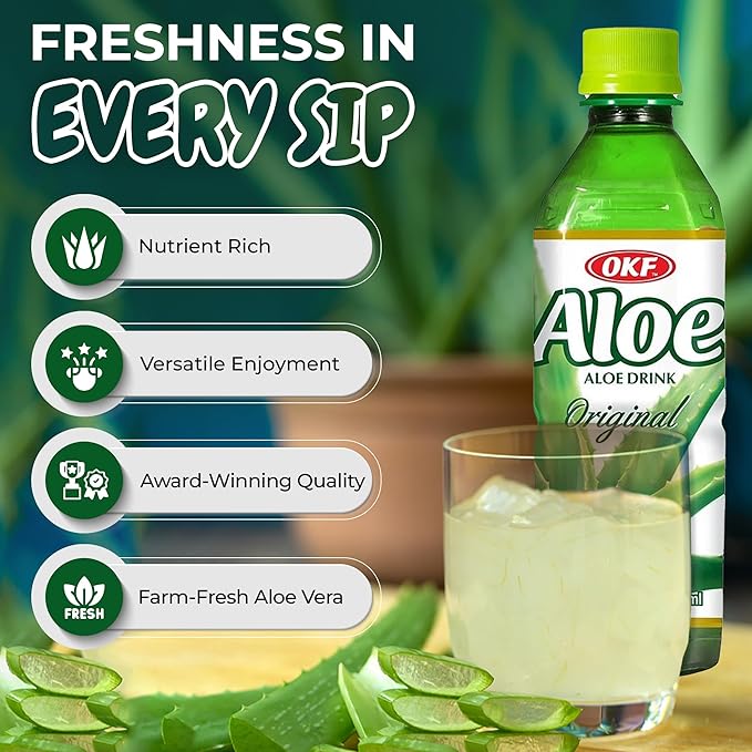 OKF Aloe Vera Drink Juice with Pure Aloe Pulp Variety 16.9 oz. (Original Pack of 20) Plant Based Drink Korean drinks