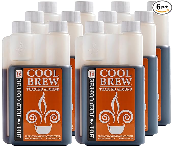 CoolBrew Toasted Almond 6 Pack - 16 DRINKS PER BOTTLE - Fresh Cold Brew Liquid Concentrate - For Iced or Hot Coffee Unsweetened No Preservatives