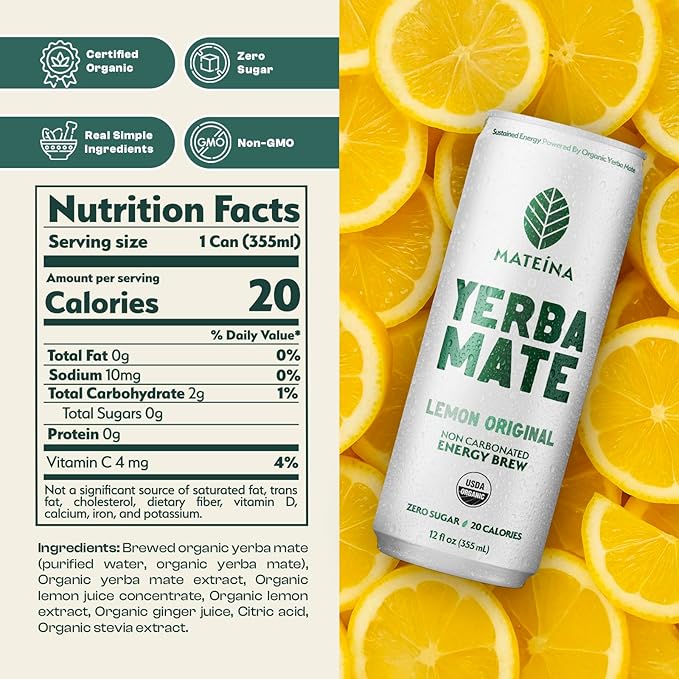 Mateina Yerba Mate Zero Sugar Energy Drink – 120mg Natural Caffeine – Organic Non-GMO Non-Carbonated – Dr. Andrew Huberman Recommended – (12 fl oz Cans 12 Pack) Lemon Original