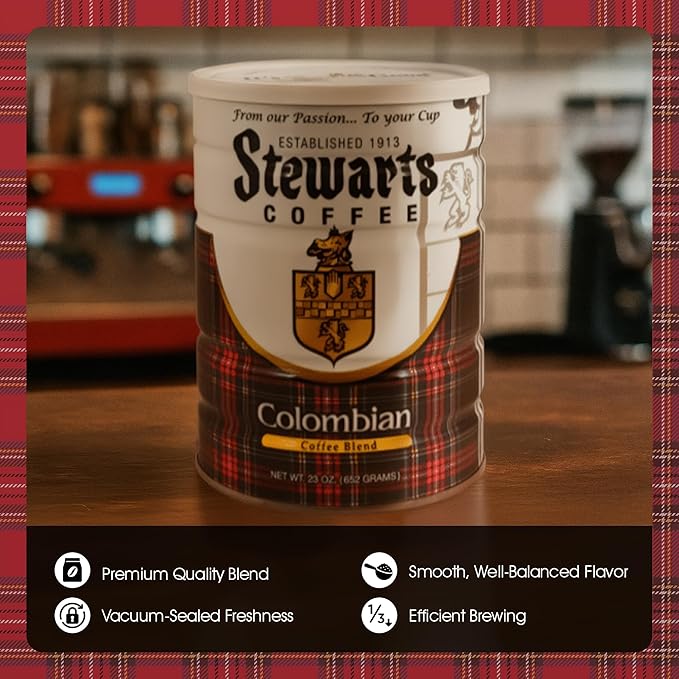 Stewarts Colombian Light Medium Roast Ground Coffee Blend - Mild Bright Tasty Flavored Gourmet Coffee Grounds - Great for Hot Cold Brew Morning Breakfast Cafe &amp More (23oz Pack of 6 Cans)