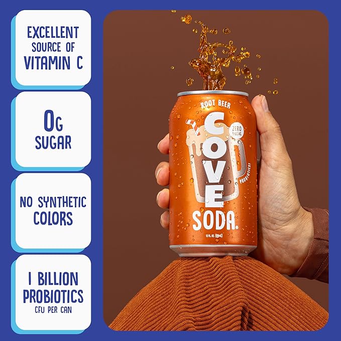 Cove Probiotic Soda Zero Sugar Better-For-You Alternative - Refreshing Delicious Probiotic Drink No Synthetic Colors &amp Caffeine Free - Root Beer 12 Pack