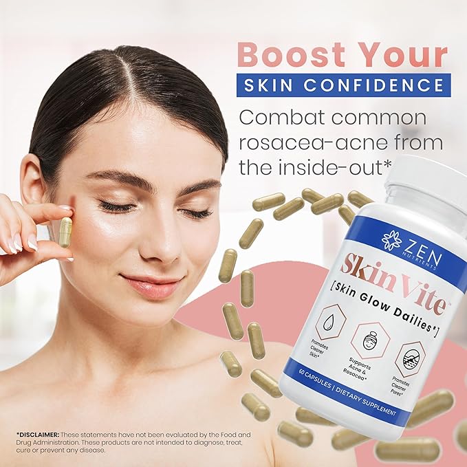 Zen Nutrients SkinVite Natural Skin Supplement for Women Men &amp Teens - Hormonal Breakouts &amp Clear Skin Support Supplement - Detoxifying Vitamin for Acne and Digestion Support
