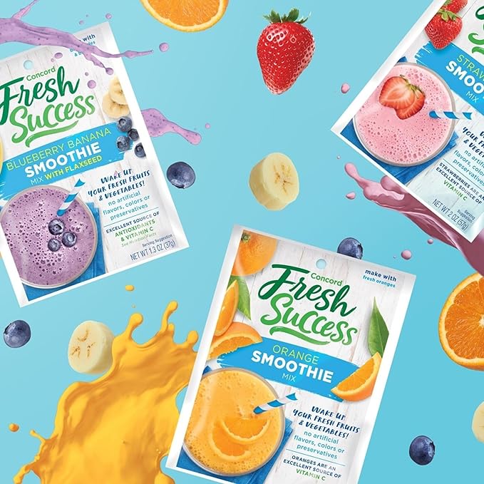 Concord Foods Strawberry Banana &amp Orange Smoothie Mix Variety Pack Fruit Flavor with No Artificial Flavors Colors or Preservatives 2 oz 6 of Each 18-Pack