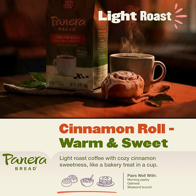 Panera Coffee Cinnamon Roll Ground Coffee 100% Arabica Medium Roast Bakery-Inspired Flavor No Artificial Ingredients 12oz Bag Pack of 6 (72 oz Total) for Home Brewing