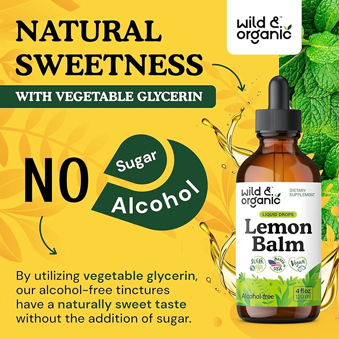 Wild &amp Organic Lemon Balm Tincture - Mood Support Supplement - Melissa Lemon Balm Leaf Extract Drops - Vegan Sugar &amp Alcohol-Free Calming Supplement - 4 fl oz