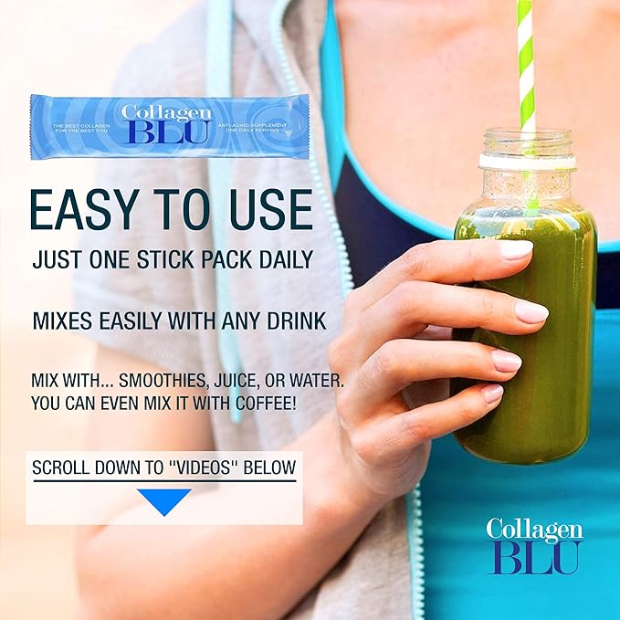 Collagen BLU Premium Marine Collagen with Superfood Derived Vitamin C for Best Absorption Type 1 and 3 Non-GMO Paleo &amp Keto Friendly 30 Stick Packs