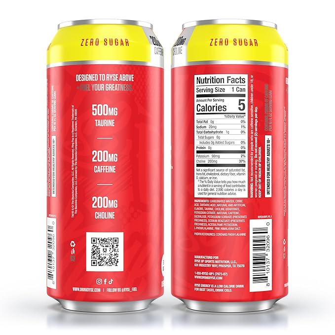 RYSE Fuel Energy Drink - Ring Pop Cherry - Sugar Free Gluten Free &amp Vegan - 200mg Natural Caffeine Taurine &amp Choline for Focus &amp Energy - No Artificial Colors - 16 fl oz Cans (12-Pack)