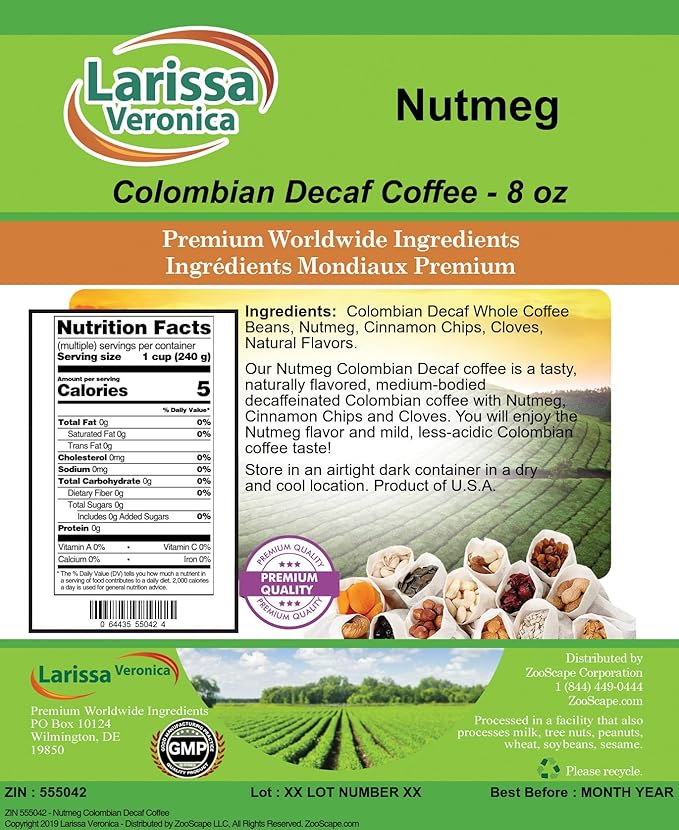 Nutmeg Colombian Decaf Coffee (Gourmet Naturally Flavored Whole Coffee Beans) (8 oz ZIN: 555042) - 3 Pack