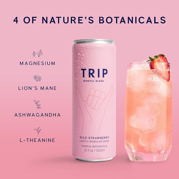TRIP Lightly Sparkling Adaptogen Drink Non Alcoholic Drink with Magnesium Ashwagandha Lions Mane &amp L Theanine No Added Sugar Mocktail Vegan Wild Strawberry 12 Oz 12Pk
