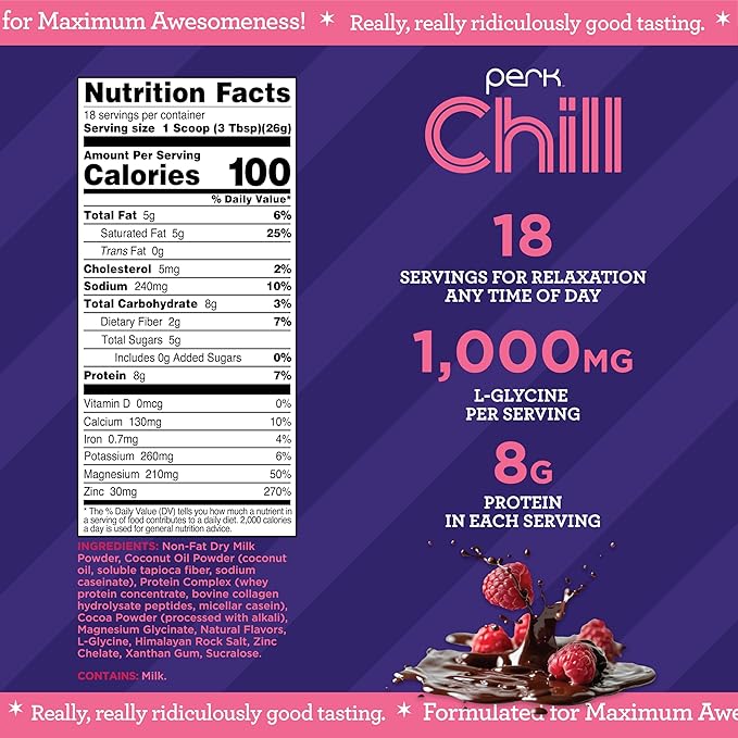 Perk Chill Drink Mix (Chocolate Raspberry) 18 Servings – Calming Melatonin-Free Nighttime Sleep Aid Support with Magnesium &amp L-Glycine Soy-Free Peanut-Free Gluten-Free