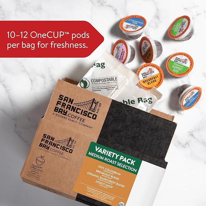 San Francisco Bay Compostable Coffee Pods - Variety Pack Medium Roast (40 Ct) K Cup Compatible including Keurig 2.0 Colombian Breakfast Organic Rainforest Donut Shop
