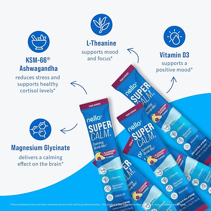 Nello Supercalm Powdered Drink Mix Cortisol Reducer* Sleep Aid Supplement L Theanine Ksm-66 Ashwagandha Magnesium Glycinate Vitamin D 3 No Sugar Non GMO 20 Ct BlackBerry Lemonade