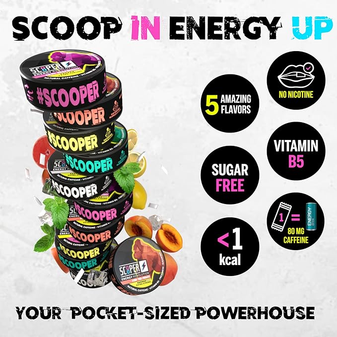 Scooper Energy I 4 cans I Mixed Box I Energy Pouches Sugarfree I 80 mg Natural Caffeine All Flavour Pack I 12 Pouches I Cool Grapefruit Fresh Mint Iced Peach &amp Lemon Tea