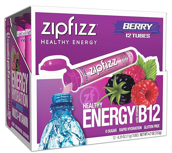 Zipfizz Daily Energy Drink Powder Berry 12 Pack | 3-in-1 Sustained Energy Rapid Hydration and Essential Vitamins | Sugar-Free | Electrolyte Powder | Contains Vitamin B-12 &amp Antioxidants