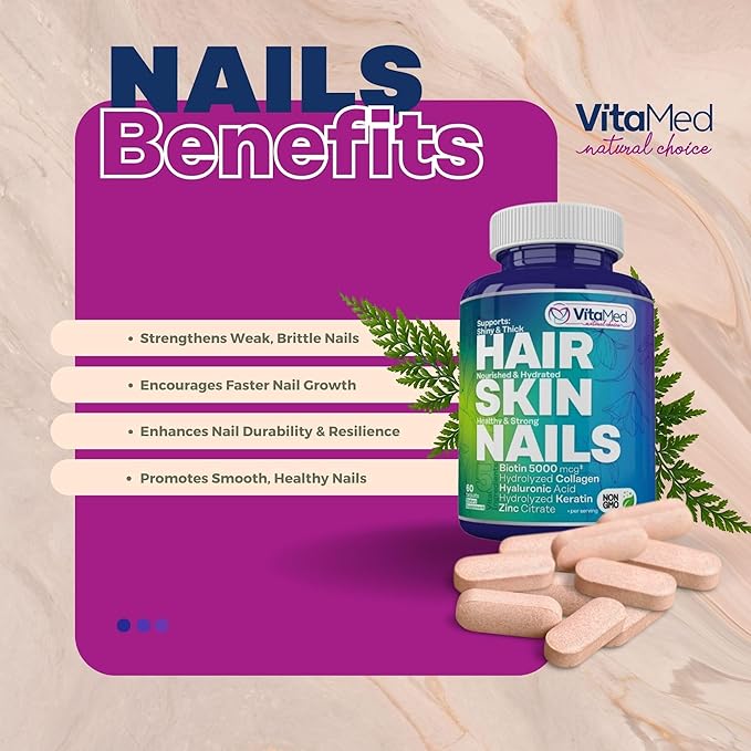 VitaMed Hair Skin &amp Nails – Biotin 5000 mcg Collagen OptiMSM Keratin Hyaluronic Acid &amp Silica | Supports Hair Growth Radiant Skin Strong Nails | Halal Non-GMO Gluten-Free – 180 Beauty