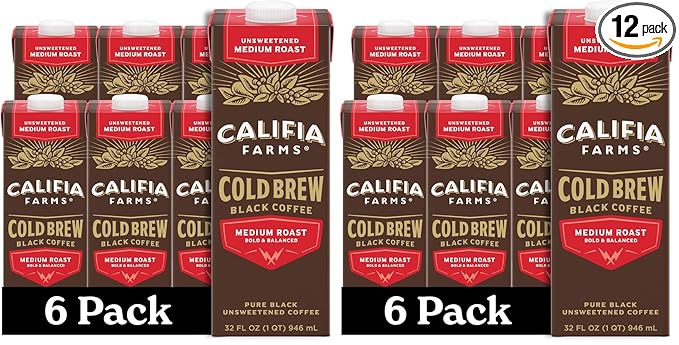Califia Farms - Pure Black Medium Roast Cold Brew Coffee 32 Oz (Pack of 12) 100% Arabica Shelf Stable Plant Based Vegan Gluten Free Non GMO Sugar Free Iced Coffee