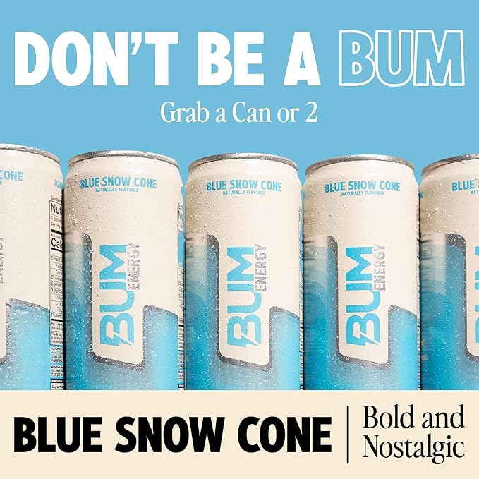 BUM Sugar-Free Energy Drink Blue Snow Cone - Lightly Carbonated &amp No Artificial Colors Natural Caffeine &amp Citicoline for Energy &amp Focus Brain Boost &amp Workout Sports Beverage - 12 oz
