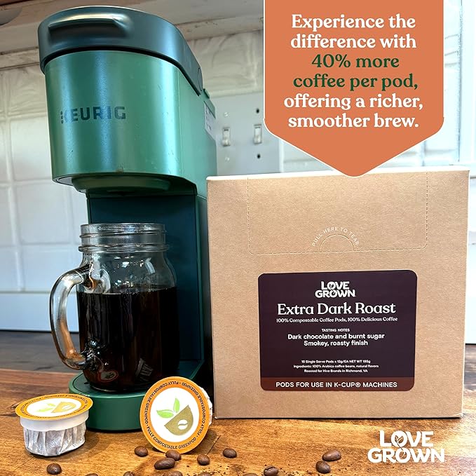 Love Grown Plastic-Free Coffee Pods 100% Arabica Single-Serve Cups Compostable Non-GMO - Compatible with Keurig Coffee Pods Machines and K-Cup Brewers Extra Dark Roast Flavor Box of 15