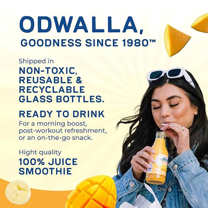 Odwalla Smoothie - Fruit Smoothie Mix Ready to Drink Juice Blend No Added Sugar No preservatives - 13.9 oz Glass Bottles - Mango