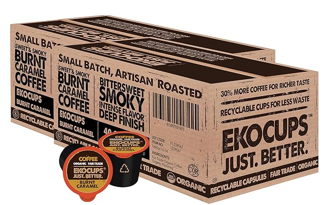 EKOCUPS Organic Burnt Caramel Flavored Coffee Pods Extra 30% More Coffee Per Cup Artisan Fair Trade Dark Roast Carmel Coffee for Keurig K Cup Machines Recyclable Pods 80 Count