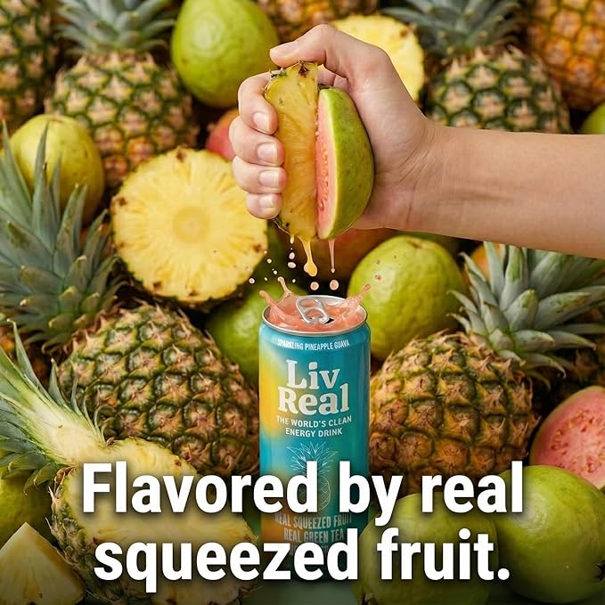 LivReal Clean Energy Drink – Organic Green Tea Caffeine 125mg + L-Theanine 100mg – Real Fruit No Sweeteners or Flavorings – Vitamin C &amp B Complex – Sparkling Pineapple Guava Water – 12 Pack 12 f