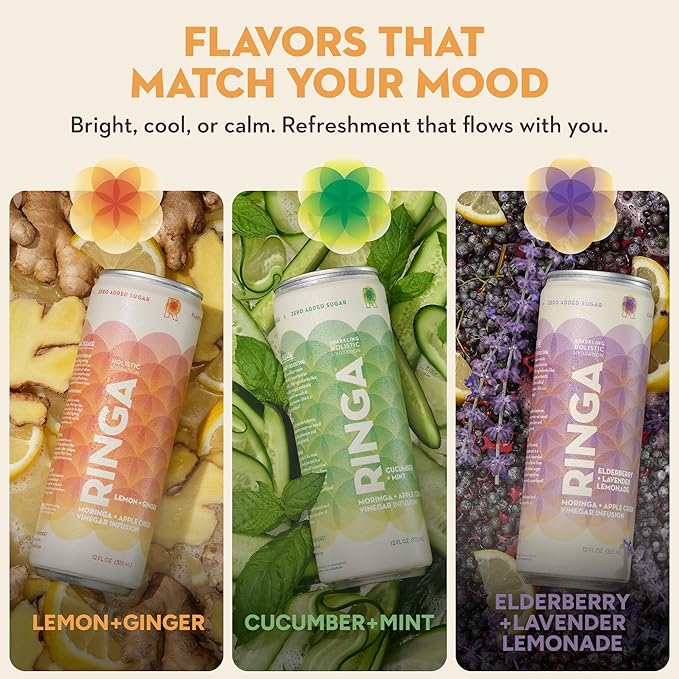 Ringa Sparkling Hydration Variety Pack 12oz Cans (12-Count 4 Each) – Organic Moringa + Apple Cider Vinegar 3g Prebiotic Fiber No Added Sugar Gut Health &amp Clean Daily Hydration