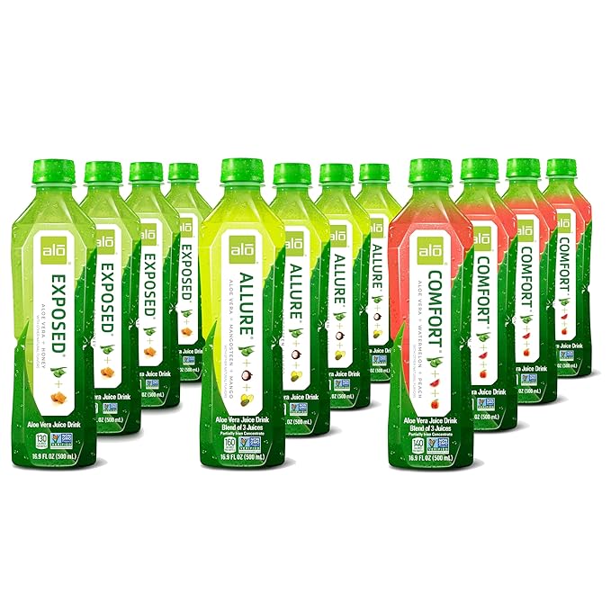 ALO Aloe Vera Juice | 16.9 fl oz Pack of 12 | 3-Flavor Variety Pack | ALLURE COMFORT EXPOSED Plant-Based Drink