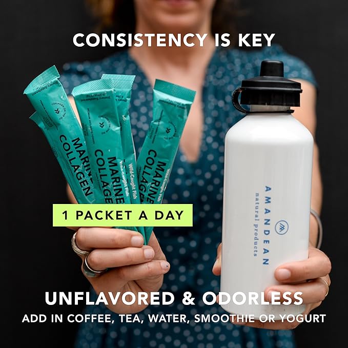 AMANDEAN Marine Collagen Peptides Powder Stick Packs. Wild-Caught Fish. 30 Single Use Individual Packets. Hair Skin &amp Nails. Non-GMO Zero Carbs Unflavored High Bioavailability.