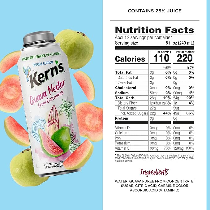 Kern’s Guava Nectar Lata Botella - Made with Fresh Fruit Puree - Guava Juice Concentrate for Tropical Fruit Smoothie Mix Cocktail Mixers &amp Kids Beverages - 15.5oz 12 Pack Resealable Juice Bottle